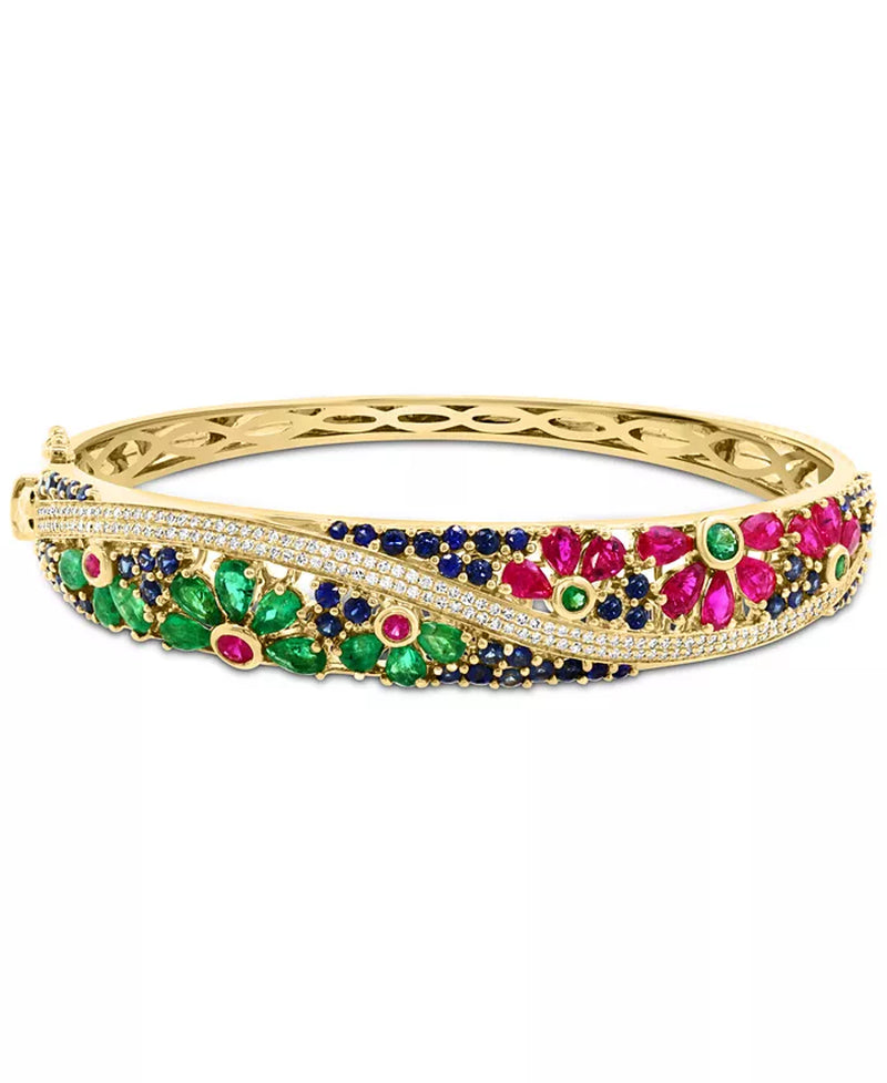 [14K] Gold Multi-Gemstone (7-1/3 Ct. T.W.) & Diamond (5/8 Ct. T.W.) Flower Scape Bangle Bracelet