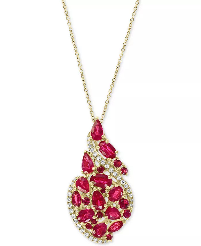 [14K] Gold  Ruby (3-1/4 Ct. T.W.) & Diamond (1/6 Ct. T.W.) Swirl 18" Necklace