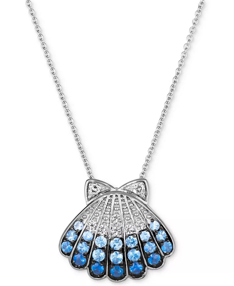 [14K] White Gold Multi-Sapphire (5/8 Ct. T.W.) & Nude Diamond (1/20 Ct. T.W.) Shell Pendant Necklace