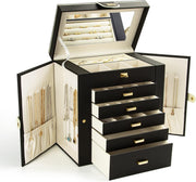 6-Layer Large Jewelry Organizer Box with Mirror & 5 Drawers