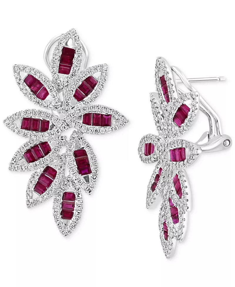 [14K ]White Gold Ruby (2-3/4 Ct. T.W.) & Diamond (1-1/20 Ct. T.W.) Floral Statement Earrings