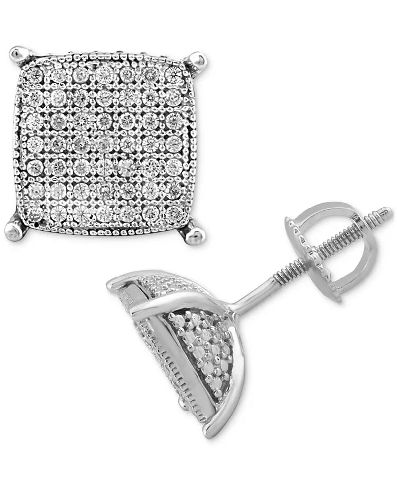 [1/4 Ct. T.W.] Men's Sterling Silver Diamond Cushion Cluster Stud Earrings