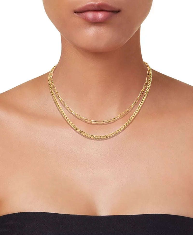 [10K] Gold Polished Paperclip & Curb Link Chain 18" Layered Necklace