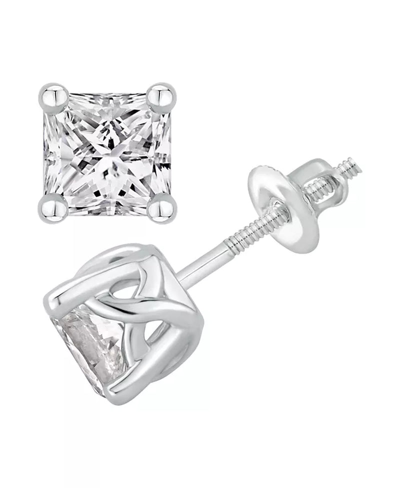 [14K, 1 1/2 Ct. T.W.] White Gold GIA Certified Diamond Princess Stud Earrings