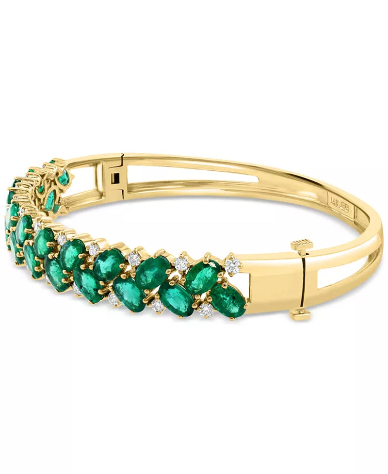 [14K] Gold Emerald (9-3/8 Ct. T.W.) & Diamond (7/8 Ct. T.W.) Oval Cluster Bangle Bracelet