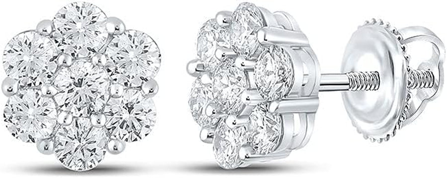 14K, 1-1/2 Cttw] White Gold Mens Round Diamond Flower ClusterStud Earrings 