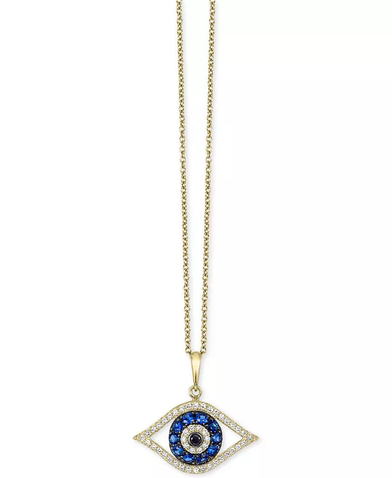 [14K, 1/4 Ct. T.W.] Gold & Sapphire Black and White Diamond Evil Eye Pendant