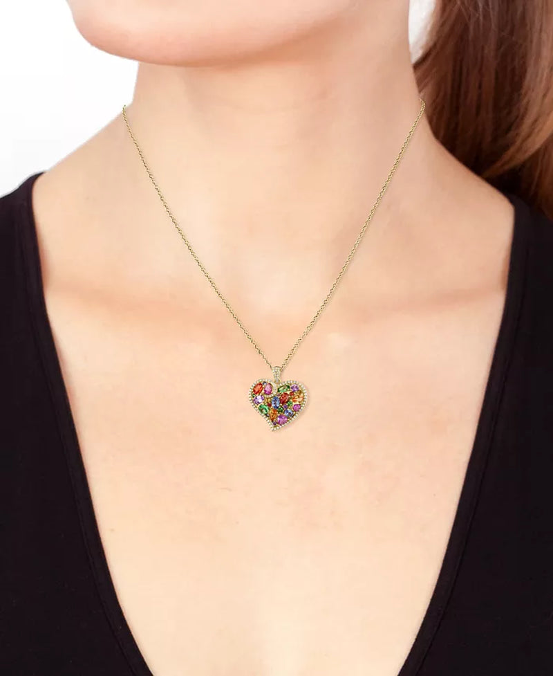 [14K] Gold Multi-Gemstone (3-3/4 Ct. T.W.) & Diamond (1/3 Ct. T.W.) Heart Cluster 18" Pendant