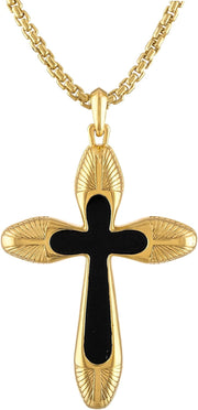 [14K] Gold-Plated Sterling Silver Cross Pendant - Black Agate Inlay & round Box Link Chain