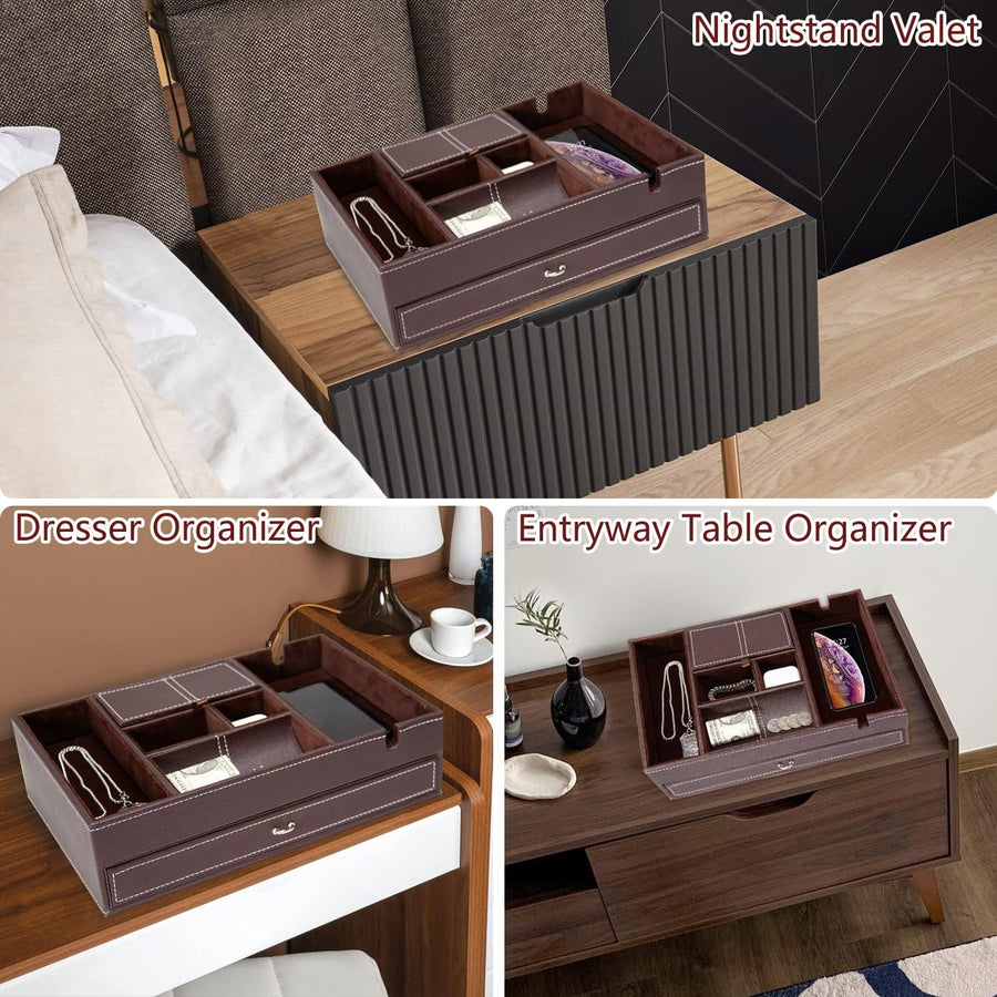 Valet Tray 2 Layers Nightstand Leather Jewelry Box Organizer