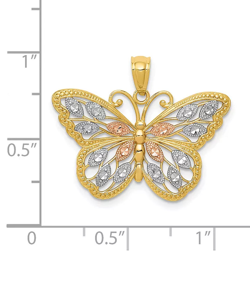 [14K] Yellow Gold with White and Rose Rhodium Butterfly Diamond-Cut Pendant