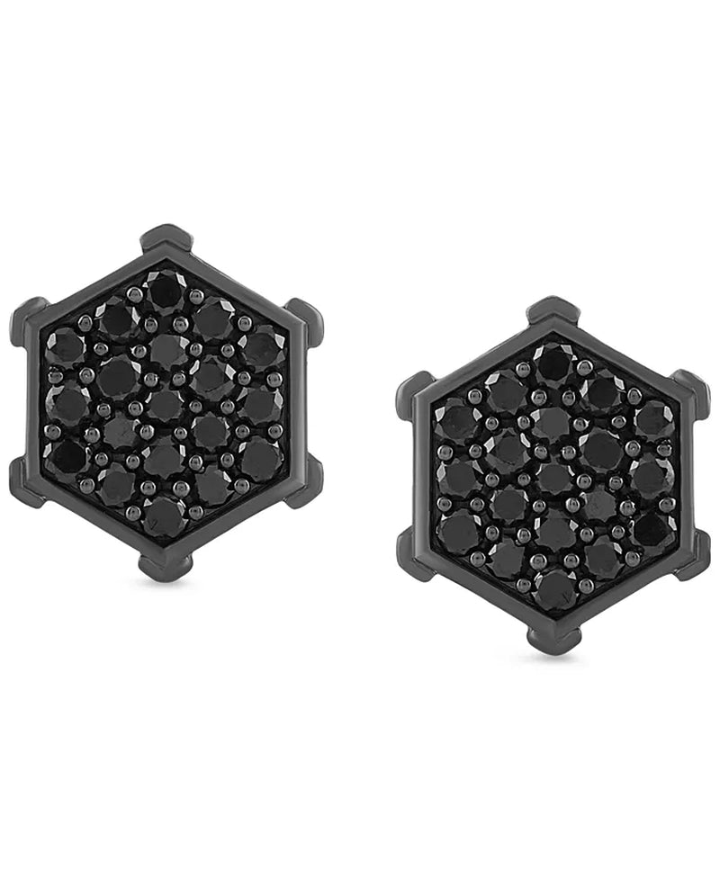 [1 Ct. T.W.] Men's Black Diamond Hexagon Cluster Screw Back Stud Earrings