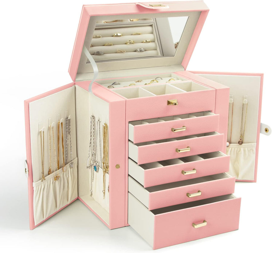 6-Layer Large Jewelry Organizer Box with Mirror & 5 Drawers