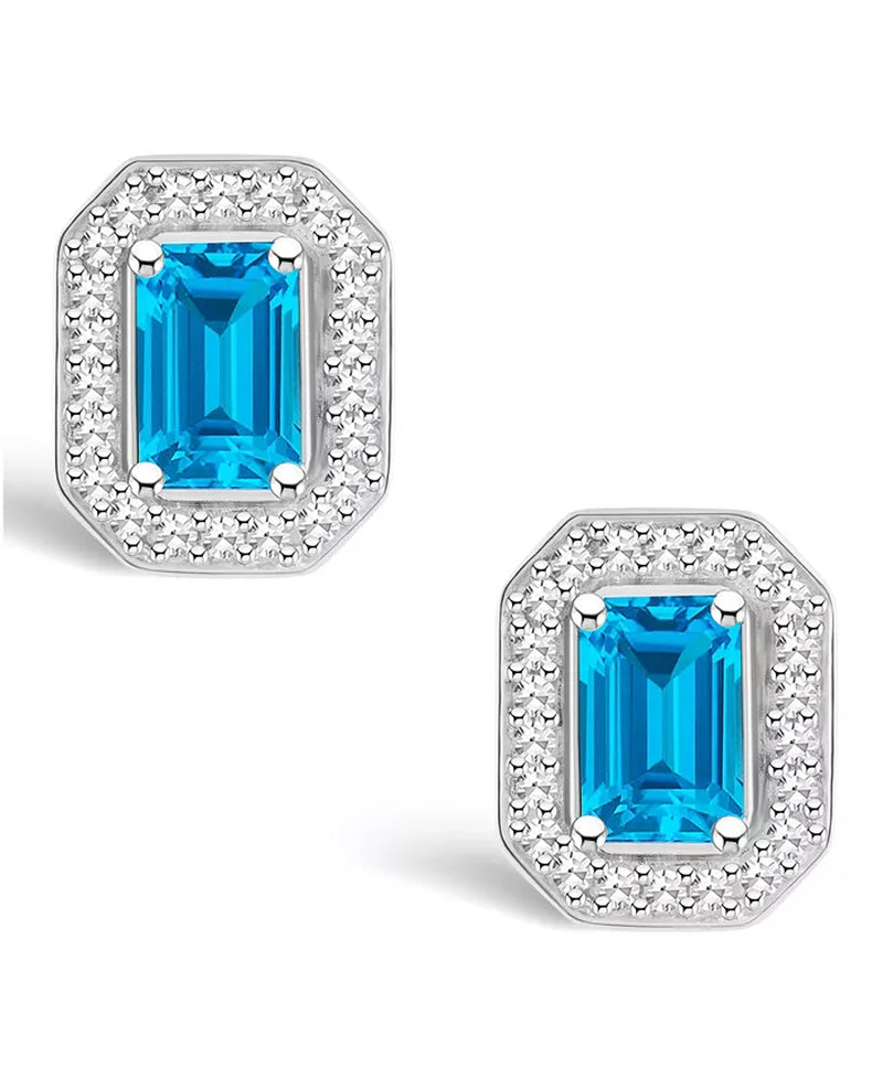 Blue Topaz (1-2/5 Ct. T.W.) and Diamond (1/5 Ct. T.W.) Halo Studs in Sterling Silver
