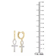 [10K, 1/6 Ct. T.W.] Gold Diamond Ankh Cross Dangle Hoop Earrings