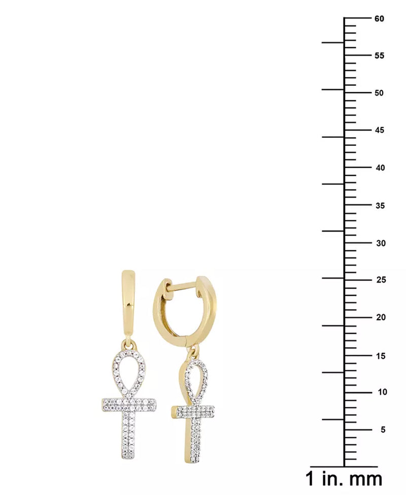 [10K, 1/6 Ct. T.W.] Gold Diamond Ankh Cross Dangle Hoop Earrings