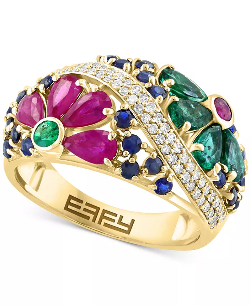 [14K] Gold Multi-Gemstone (2-3/4 Ct. T.W.) & Diamond (1/4 Ct. T.W.) Flower Openwork Ring