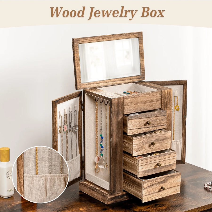 Jewelry Box for Women, 5 Layer Large Wood Jewelry Boxes for Necklaces Earrings Rings Bracelets, Rustic Wooden Jewelry Organizer Box with 4 Drawers and Mirror