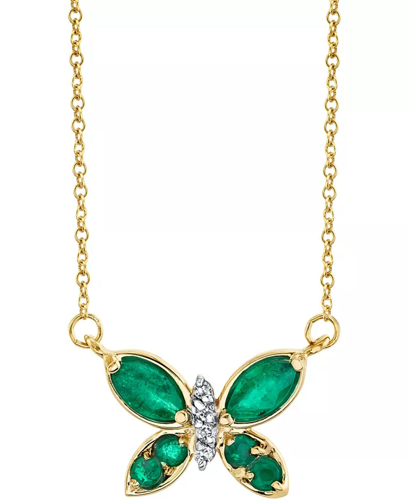 [14K] Gold Emerald (5/8 Ct. T.W.) & Diamond (1/20 Ct. T.W.) Butterfly Pendant 