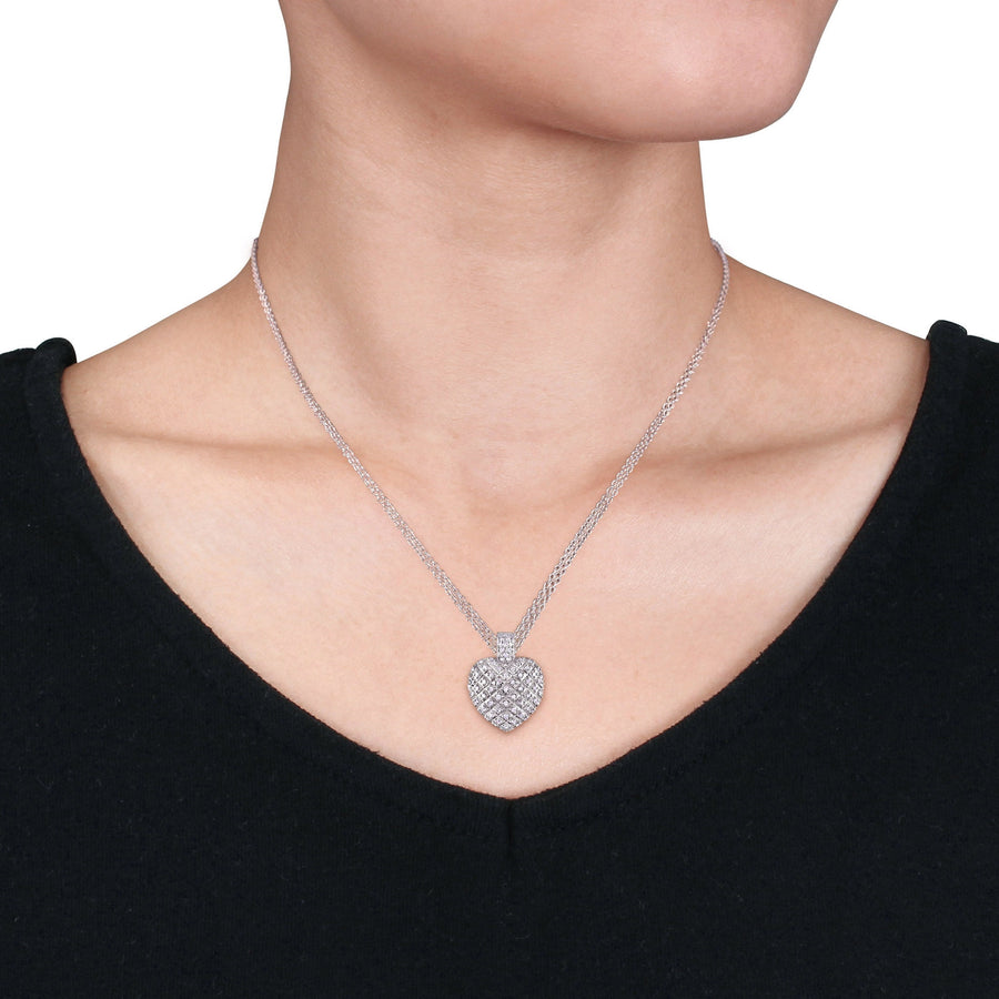 [1 Cttw] Sterling Silver & Diamond Pave-Set Clustered Heart Necklace