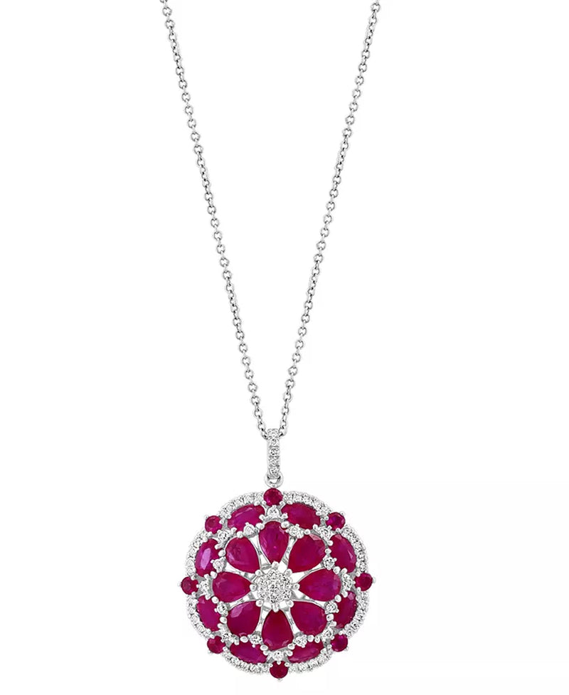 [14K] Gold Ruby (6-7/8 Ct. T.W.) & Diamond (5/8 Ct. T.W.) Flower Cluster 18" Pendant Necklace