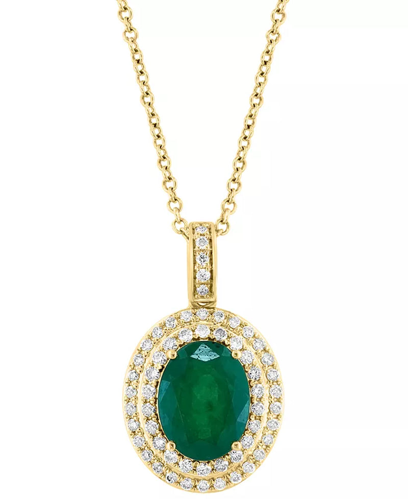 [14K] Gold  Emerald (1-1/2 Ct. T.W) & Diamond (1/3 Ct. T.W.) Oval Halo Necklace