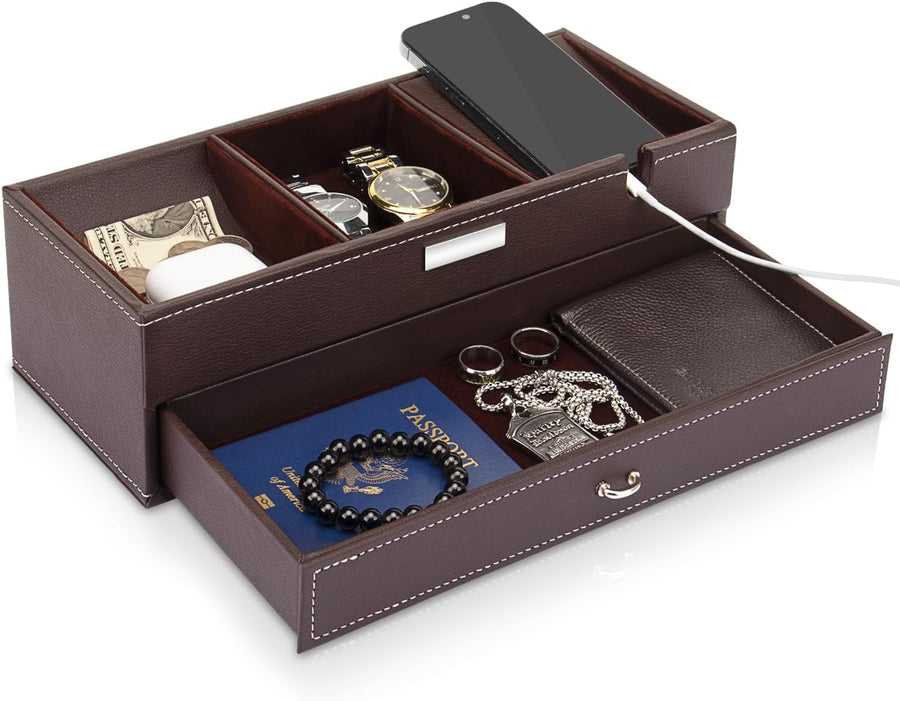 Valet Tray 2 Layers Nightstand Leather Jewelry Box Organizer