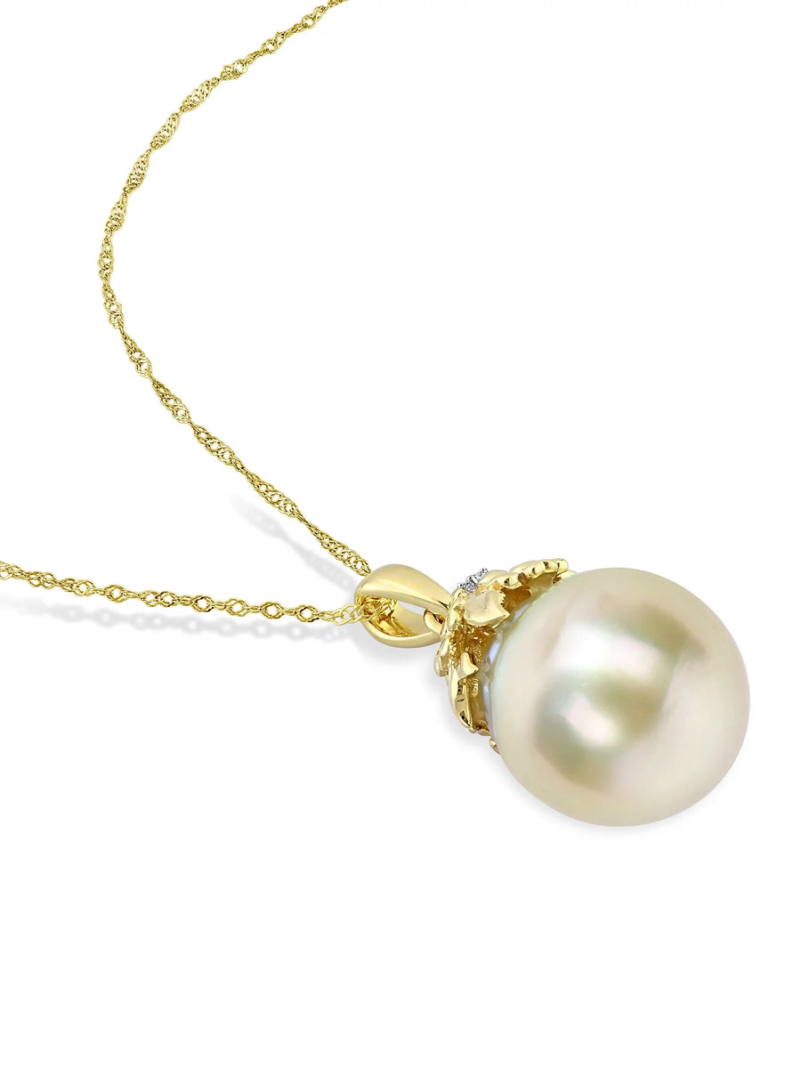 [14K] Yellow Gold Cultured Pearl & Diamond Necklace