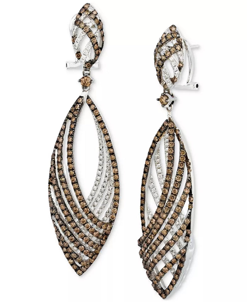 [14K, 4-5/8 Ct. T.W] White Gold Chocolate Diamond & Vanilla Diamond Openwork Navette Drop Earrings