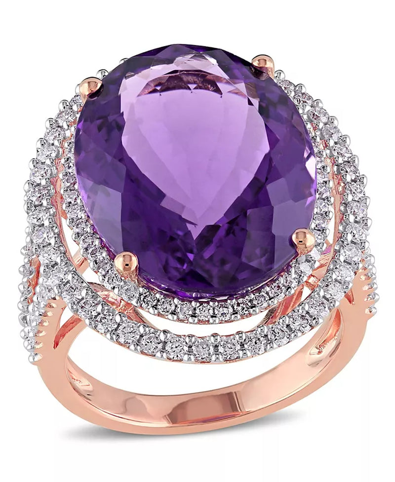 [14K] Rose Gold Amethyst (19-1/3 Ct. T.W.) & Diamond (7/8 Ct. T.W.) Double Halo Ring 