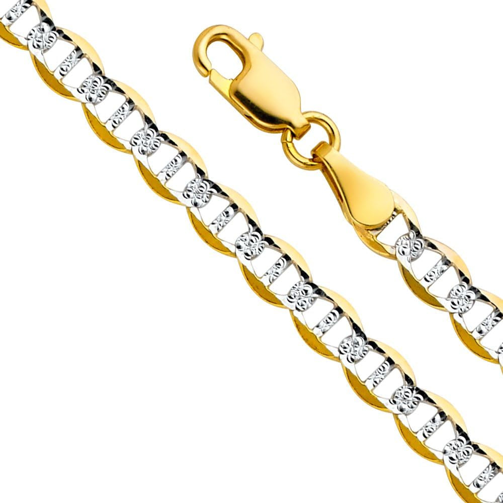 14K Yellow Gold Men'S 7.5Mm Flat Mariner White Pave Chain Necklace