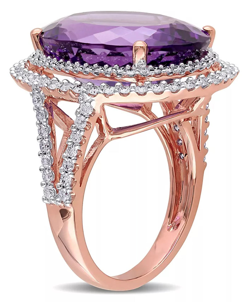 [14K] Rose Gold Amethyst (19-1/3 Ct. T.W.) & Diamond (7/8 Ct. T.W.) Double Halo Ring 