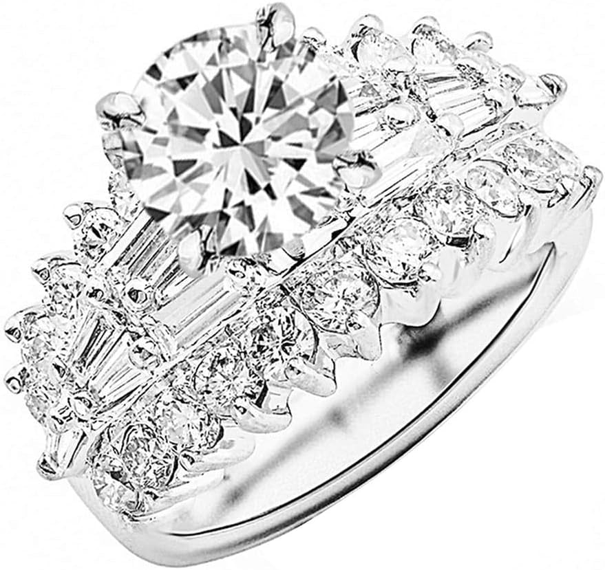 4.15 Carat 14K White Gold Exquisite Prong Set Bageutte and round Diamond Engagement Ring with a 2 Carat Moissanite Center