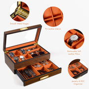 Luxury Wooden Men's Jewelry Box Organizer,  Watch Display Case Watch Holder with Drawer & Glass Lid for Sunglasses Rings Watches Storage, Gift for Men