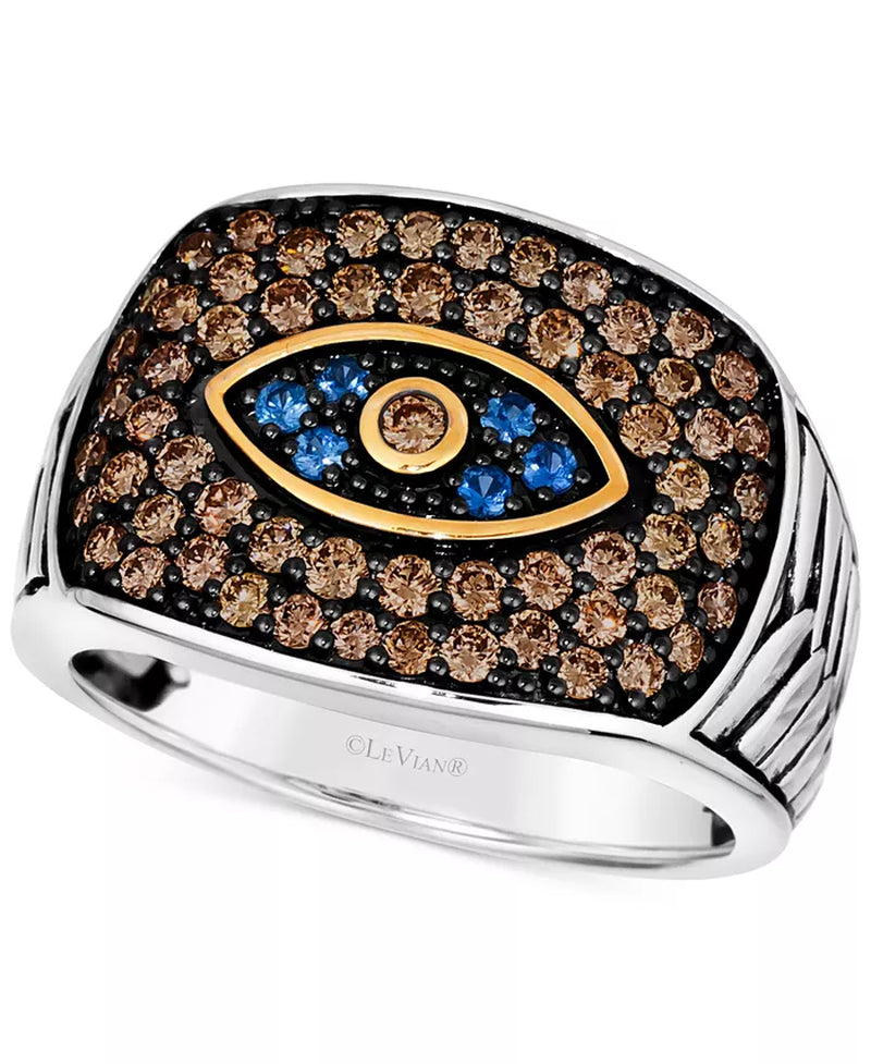 [14K] Two-Tone Gold Chocolatierâ® Men'S Blueberry Sapphire (1/6 Ct. T.W.) & Chocolate Diamond (1-1/4 Ct. T.W.) Evil Eye Ring