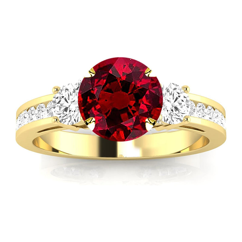 [14K, 0.5 Ct] Yellow Gold Three Stone Diamond Engagement Ring with Ruby Center