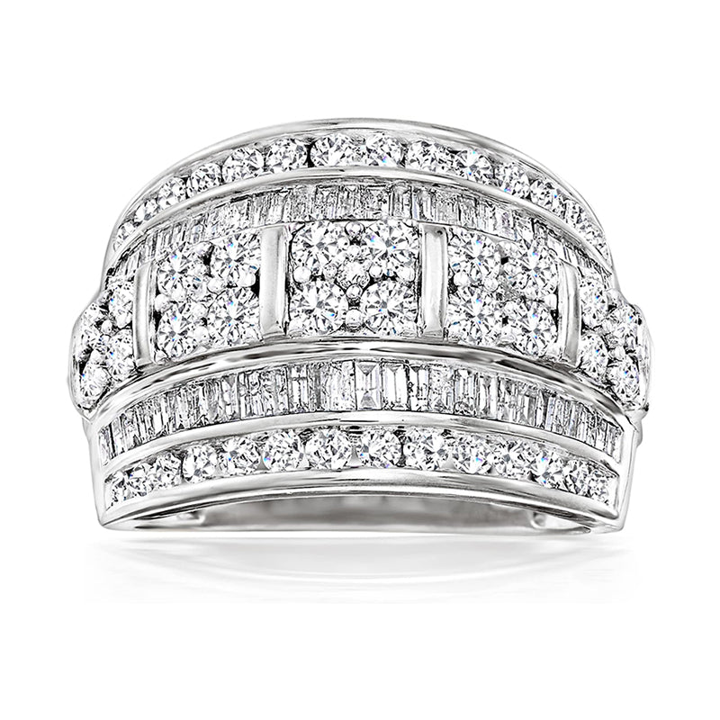 [1.40 Ct] Sterling Silver Baguette & round Diamond Multi-Row Ring