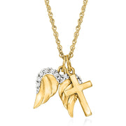 [14K] Yellow Gold Cross & Angel Wings Pendant Necklace with Diamond Accents