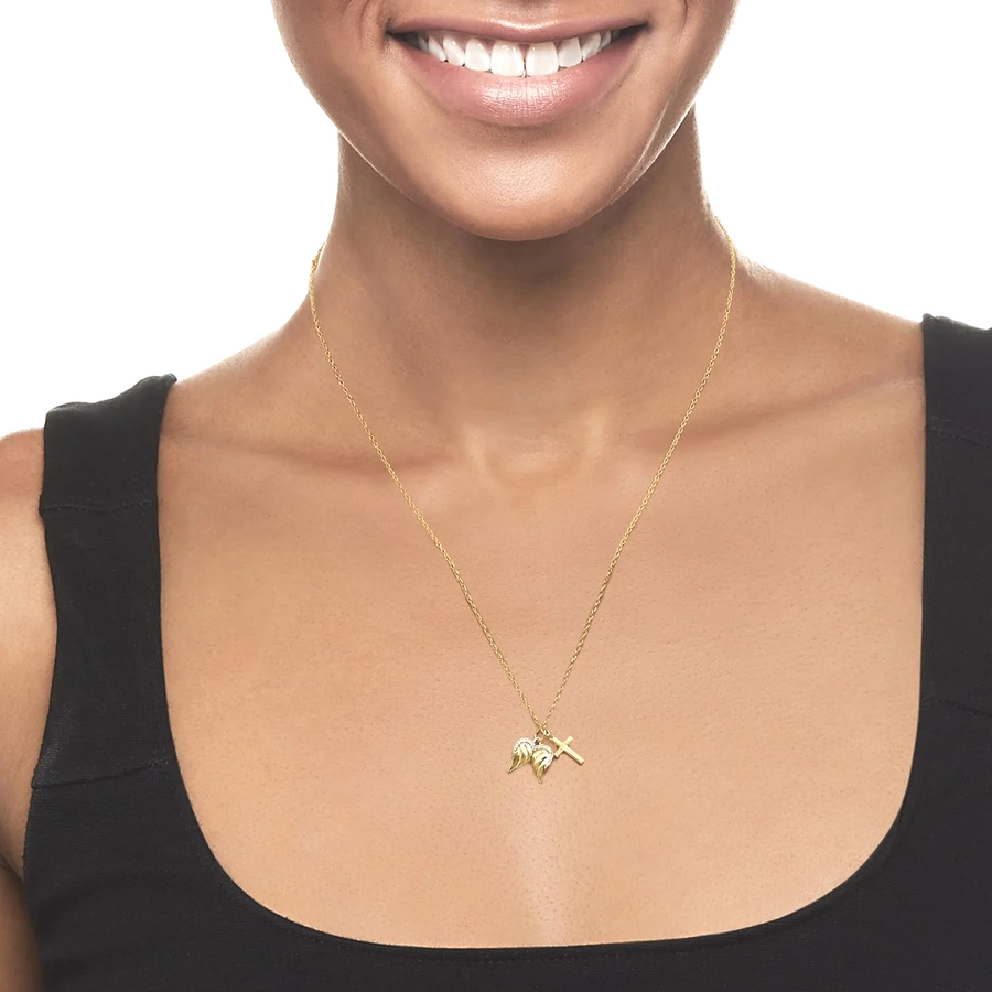 [14K] Yellow Gold Cross & Angel Wings Pendant Necklace with Diamond Accents