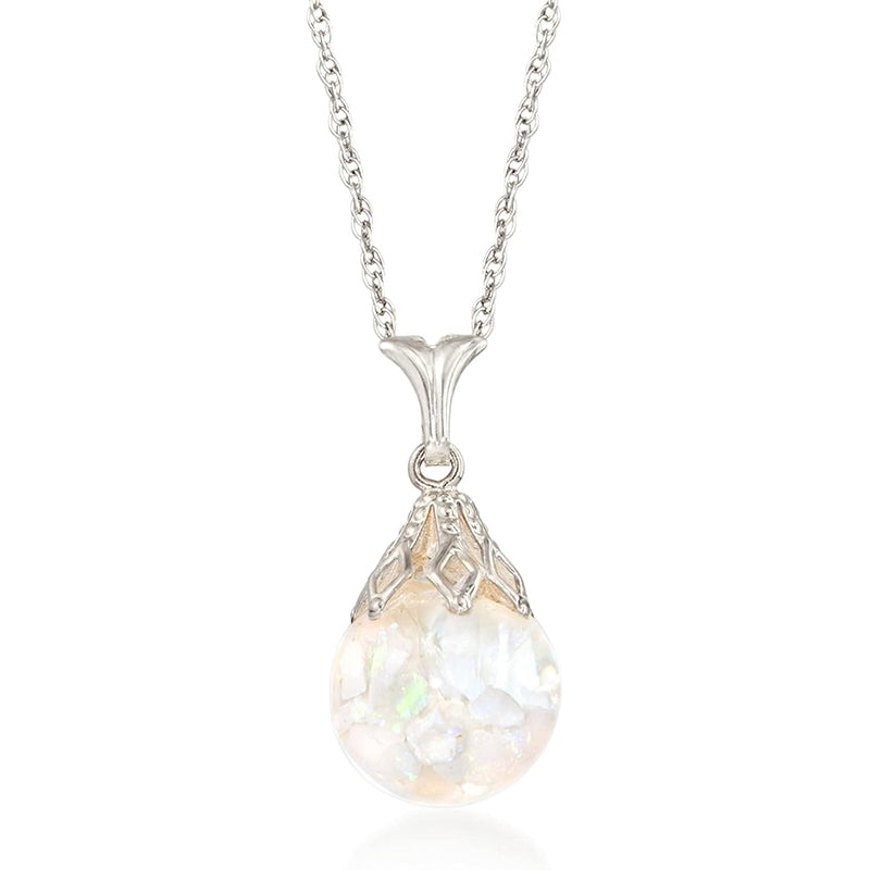 [14K] White Gold Floating Opal Pendant Necklace