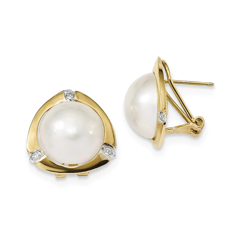 [14K, .06Ct] White Mabe FWC Pearl  Diamond Omega Back Earrings