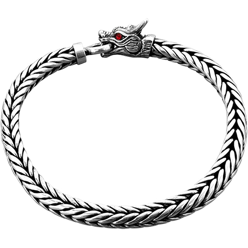 Sterling Silver Round Byzantine Bracelet with Dragon Head Ring Clasp, Length 7,48 Inch - 9,05 Inch