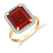 [18K, 7.45 Ct ] Yellow Gold Emerald Cut Octagon Shape Ruby Halo Diamond Ring