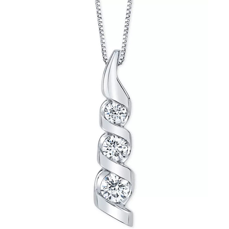 [14K, 1 Ct. T.W.] White Gold & Three Stone Diamond18" Pendant Necklace