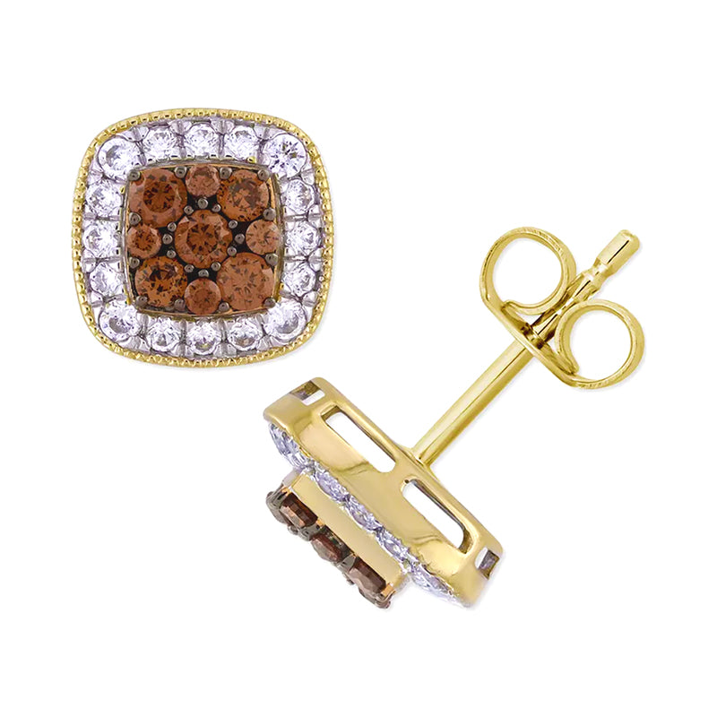 Men'S Brown Diamond & White Diamond Square Halo Cluster Stud Earrings (1 Ct. T.W.) in 10K Gold