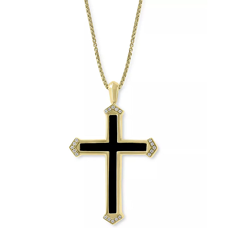 [14K, 1/10 Ct. T.W.] Gold Onyx & Diamond Cross 22" Pendant Necklace