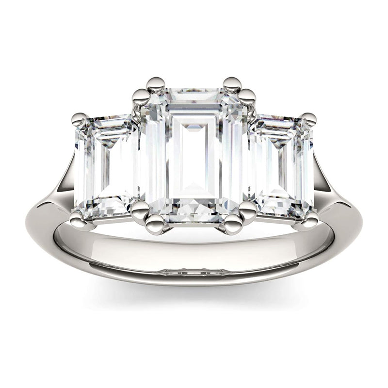 [14K, 2.91 Cttw]  White Gold with Rhodium Lab Created Moissanite Emerald Cut Engagement Ring 