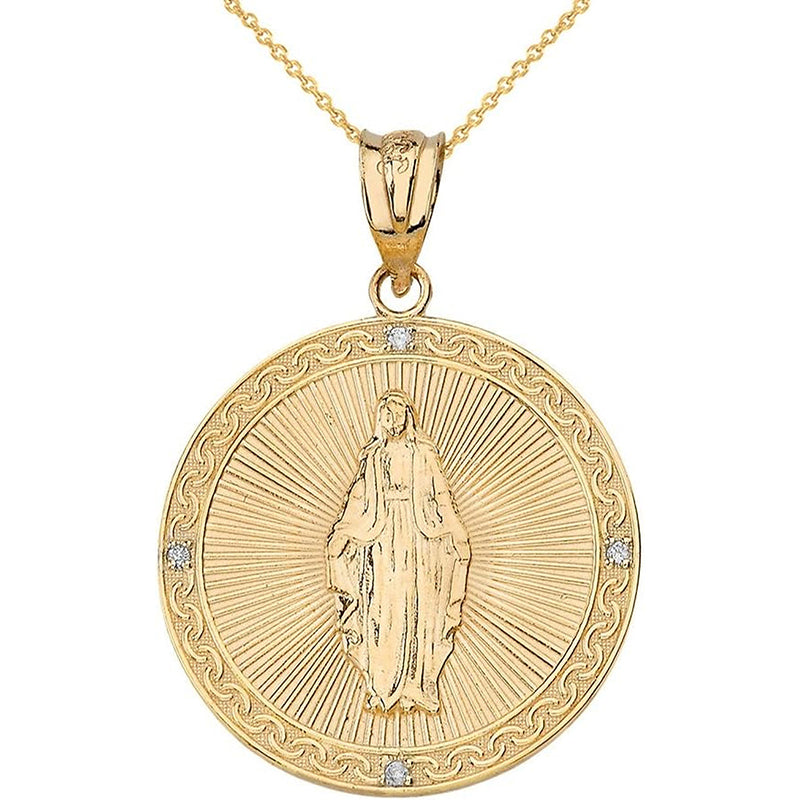 [14K] Yellow Gold Blessed Virgin Mary Miraculous Medal Diamond Necklace