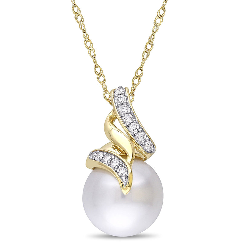 [14K] Yellow Gold Cultured Pearl & Diamond Necklace