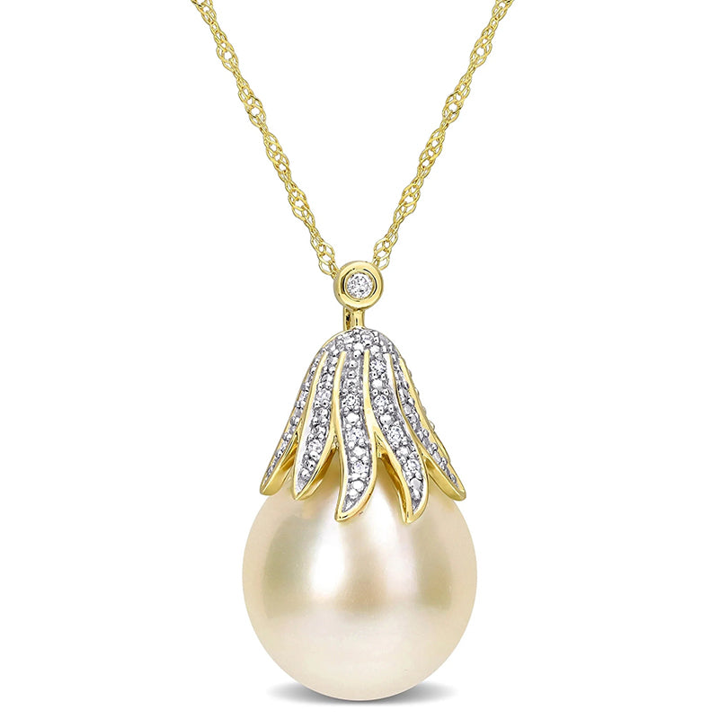 [14K] Yellow Gold Cultured Pearl & Diamond Necklace